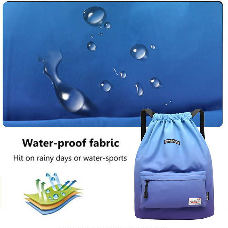 Waterproof gym backpack with drawstring, showcasing water-resistant fabric design for outdoor fitness and travel. Unisex, 20-35L capacity.